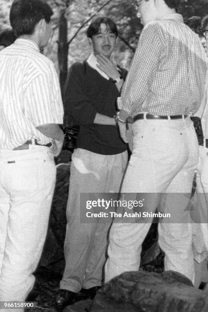 Prince Fumihito is seen during a hiking with his friends at Hossawa Falls on August 26, 1989 in Hinohara, Tokyo, Japan.