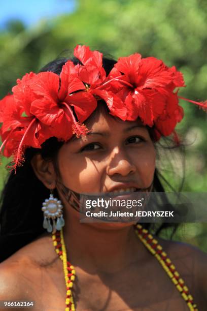 Portrait d'une jeune femme de la tribu Embera près de Colon sur la rivière Gatun, le 16 février 2014, Panama.