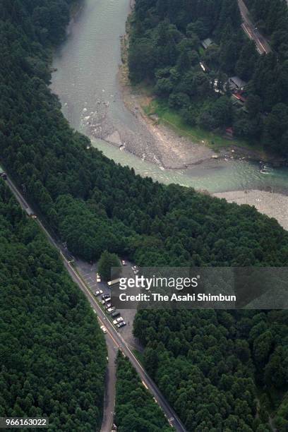 In this aerial image, the site where a part of the body of slain 5-year-old girl was found after the little girls serial killer Tsutomu Miyazaki's...