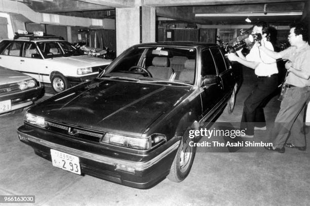 Car owned by little girls serial killer Tsutomu Miyazaki is displayed at Hachioji Police Station after his arrest on August 11, 1989 in Hachioji,...