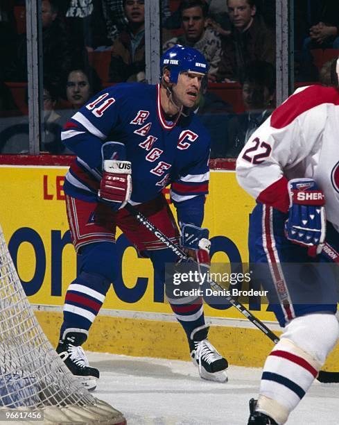 Mark Messier of the New York Rangers skates against the Montreal Canadiens in the 1990's at the Montreal Forum in Montreal, Quebec, Canada.