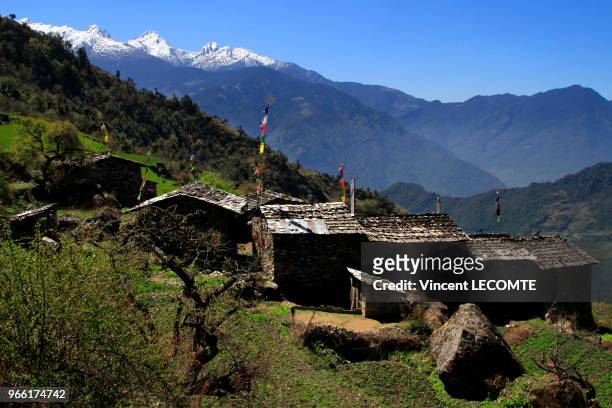 Vue d?ensemble du hameau de Brimdang, au Népal, habité par des Tamang , perché à 2 850 mètres, décoré de drapeaux tibétains, accessible uniquement à...