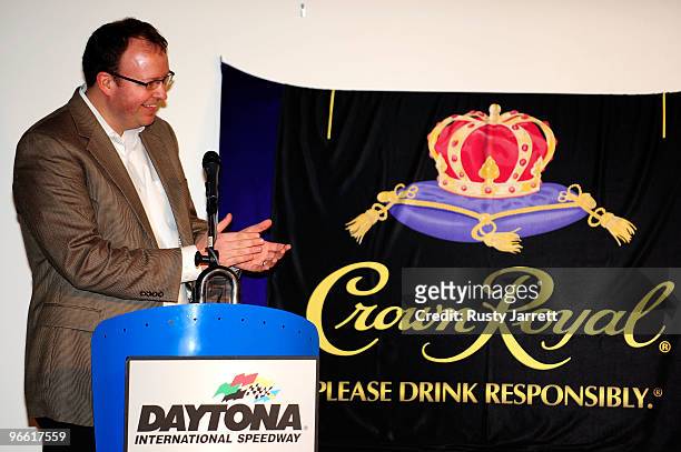 Senior Brand Manager of Crown Royal Rob Mason speaks during a press conference at Daytona International Speedway on February 12, 2010 in Daytona...
