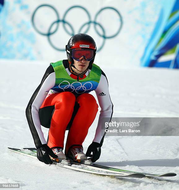 Robert Kranjec of Slovenia competes during the Ski Jumping Normal Hill Individual Qualification Round of the 2010 Winter Olympics at Whistler Olympic...