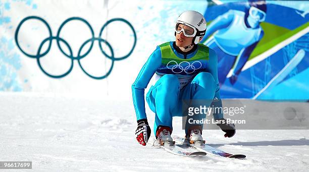Martin Schmitt of Germany competes during the Ski Jumping Normal Hill Individual Qualification Round of the 2010 Winter Olympics at Whistler Olympic...