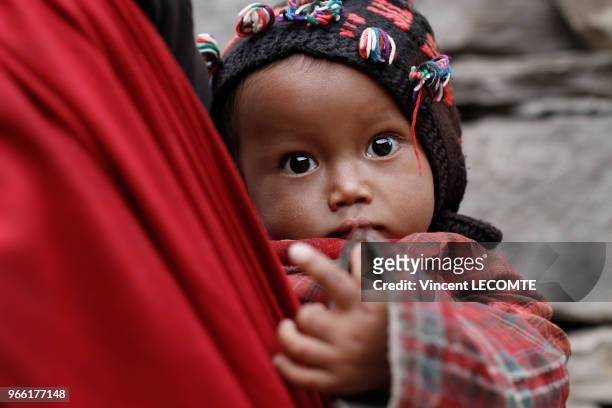Bébé népalais de la communauté Tamang porté dans un châle rouge noué dans le dos de sa mère, dans le village de Gatlang , au Népal, le 18 avril 2012.