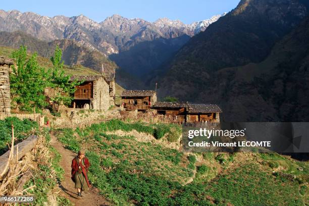 Femme, de la communauté Tamang , marchant sur un sentier dans le village himalayen de Gatlang, au Népal, le 19 avril 2012 - Ce village a été détruit...