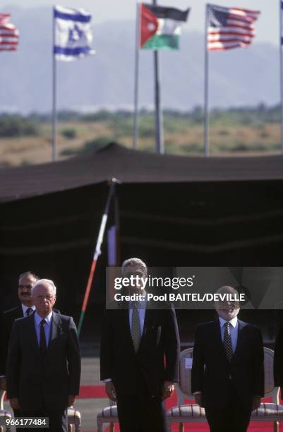 Itzahk Rabin, Bill Clinton, Hussein of Jordan.