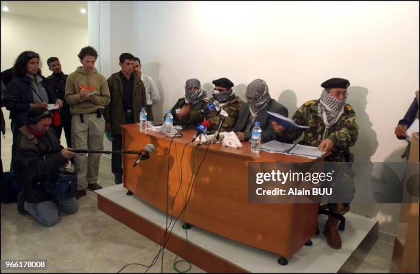 Suleimanieh, Iraqi Kurdsitan, four Iraqi officers of the Iraqi Patriotic Union defecting from Saddam Hussein's army gives press conference at the...