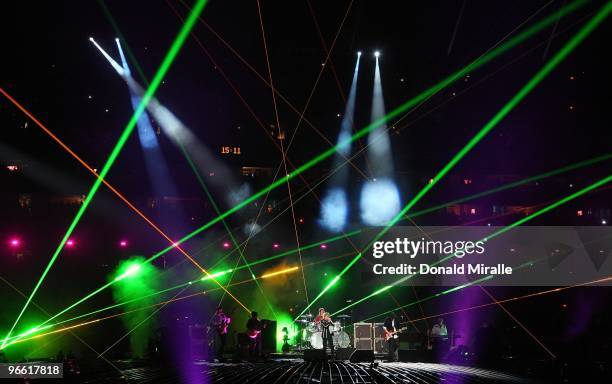 The Who perform at halftime of Super Bowl XLIV between the Indianapolis Colts and the New Orleans Saints on February 7, 2010 at Sun Life Stadium in...