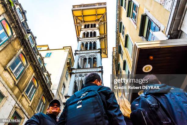 Ascenseur de Santa Justa , seul ascenseur urbain classé monument historique, 28 mars 2017, Lisbonne, Portugal.