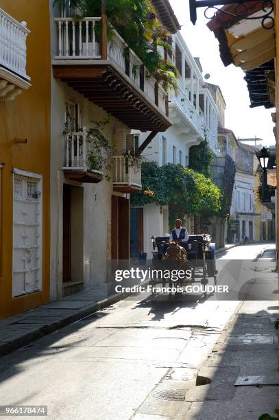 Calèche dans une rue de Carthagène, 23 mars 2015, Colombie.