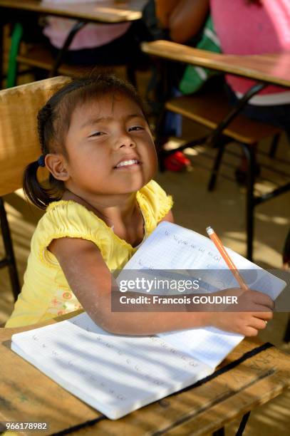 Fillette Wayuu à l'école d'un village près de Punta Gallinas dans la région de la Guajira, 20 mars 2015, Colombie.