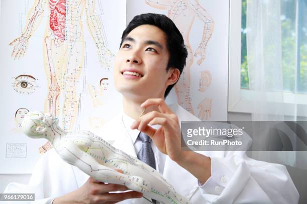 oriental medical doctor applying needles on acupuncture model - acupuncture model stock pictures, royalty-free photos & images