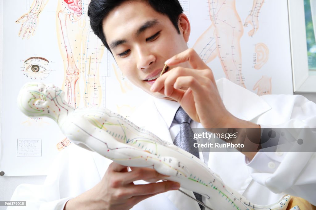 Traditional chinese physician applying needles on acupuncture model