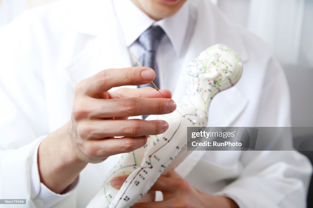 Close up of acupuncturist applying needles on acupuncture model