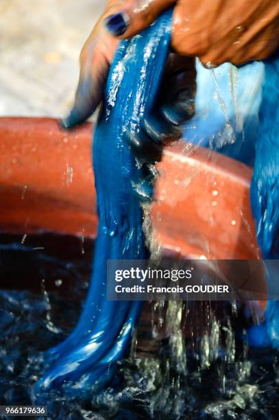 Textile lavé et rincé après la teinture dans le compost d'indigo qui est mélangé à une solution d'eau et de cendres de mil dans l'atelier du designer...