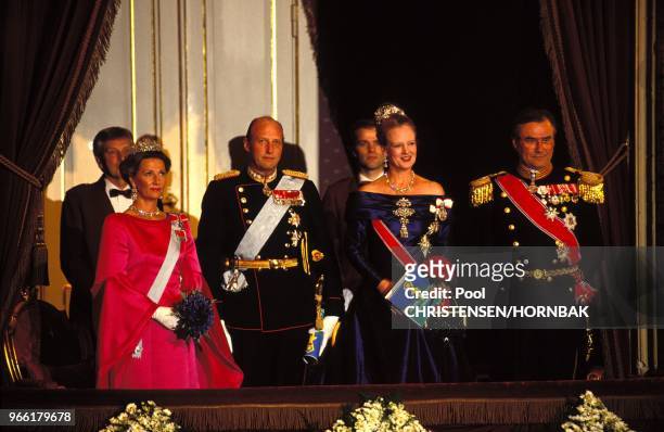 Queen Sonja, Hing Harald, Queen Margrethe, Prince Henryk at theatre.