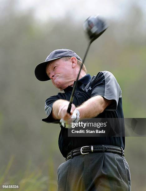 Tom Kite hits a drive from the fourth tee box during the first round of The ACE Group Classic at The Quarry on February 12, 2010 in Naples, Florida.
