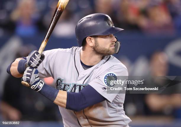 Mitch Haniger of the Seattle Mariners bats in the ninth inning during MLB game action against the Toronto Blue Jays at Rogers Centre on May 10, 2018...