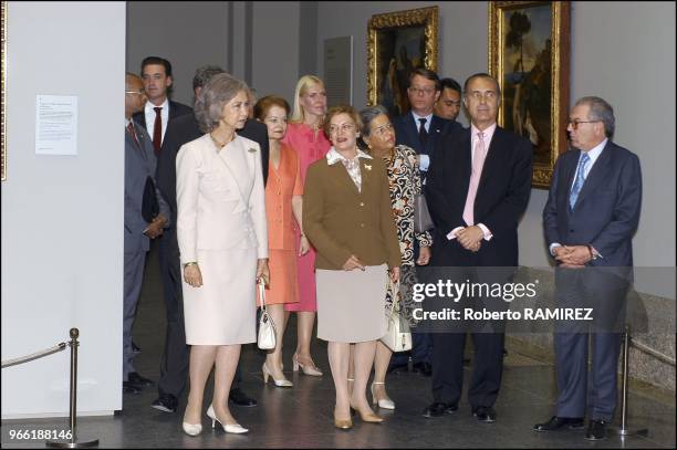 Queen Sofia of Spain with Marisa Lecicia da Silva wife of Brazilian president Lula Da Silva at the Prado Museum in Madrid.