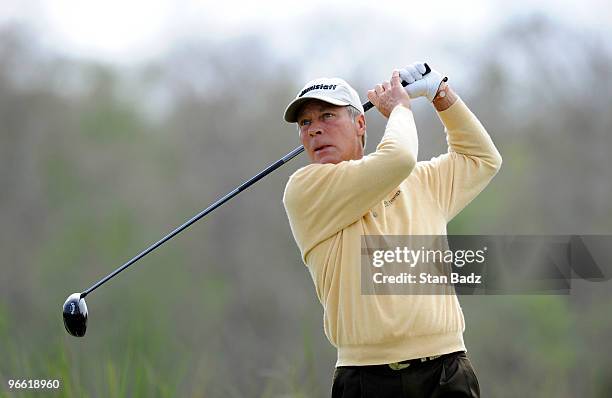 Ben Crenshaw hits a drive from the fourth tee box during the first round of The ACE Group Classic at The Quarry on February 12, 2010 in Naples,...