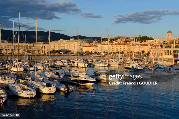 La Marina San Giusto donnant sur le front de mer néoclassique du plus grand port de l'Empire autro-hongrois, le 13 août 2017, Trieste, Italie.