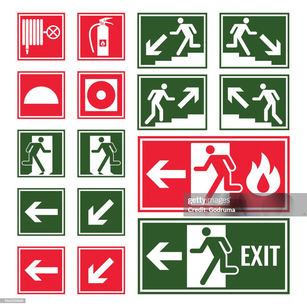 Emergency Ramp Color Evacuation And Emergency Signs In Green And Red Colors High-Res Vector ...