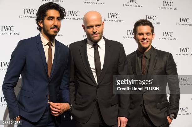 Dev Patel, Marc Foster et James Marsden lors du SIHH pour la marque IWC le 20 janvier 2015 à Genève, Suisse.