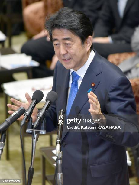 Japan's prime minister Shinzo Abe answers to question during a special committee of security treaty bill in the House of Representatives, July 15,...
