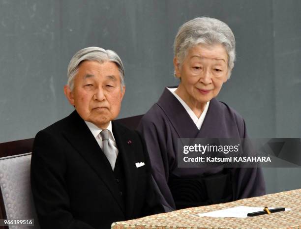 Japan's Emperor Akihito, left, and Empress Michiko attend the ceremony of the 71st anniversary of the end of the World War II at Nippon Budoka hall...