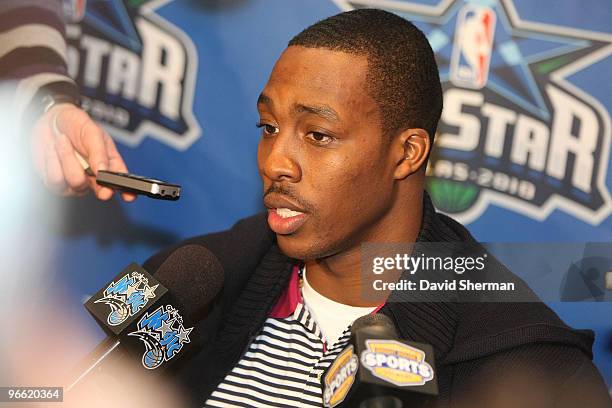 Dwight Howard of the Orlando Magic responds to questions during the 2010 NBA East All Star Media Availability on February 12, 2010 at the Hyatt...
