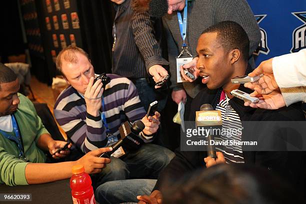 Dwight Howard of the Orlando Magic responds to questions during the 2010 NBA East All Star Media Availability on February 12, 2010 at the Hyatt...