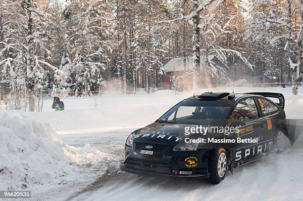 Marcus Gronholm of Finland and Timo Rautiainen of Finland compete in their Stobart Ford Focus during Leg One of the WRC Rally Sweden on February 12,...