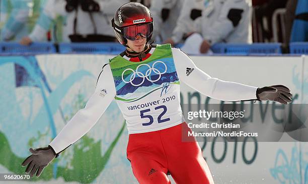 Robert Kranjec of Slovenia competes during the Ski Jumping Normal Hill Individual Qualification Round at the Olympic Winter Games Vancouver 2010 ski...