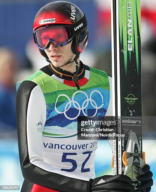 Robert Kranjec of Slovenia competes during the Ski Jumping Normal Hill Individual Qualification Round at the Olympic Winter Games Vancouver 2010 ski...