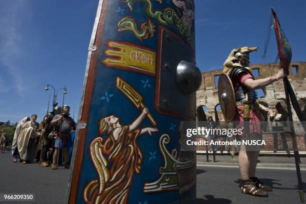 Rome, April 20, 2008. Legionary, gladiators and vestales during a parade along the Fori Imperiali avenue, to celebrate the 2761st anniversary of the...