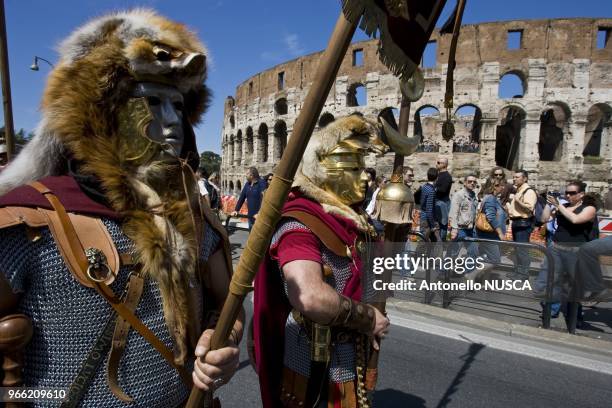 Rome, April 20, 2008. Legionary, gladiators and vestales during a parade along the Fori Imperiali avenue, to celebrate the 2761st anniversary of the...