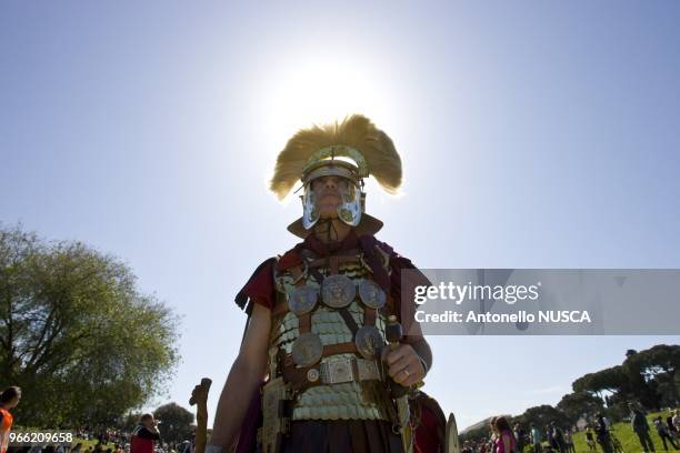 Rome, April 20, 2008. Legionary, gladiators and vestales during a parade along the Fori Imperiali avenue, to celebrate the 2761st anniversary of the...