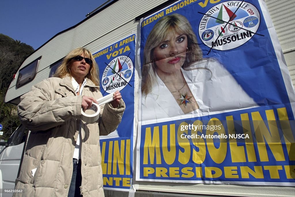 Alessandra Mussolini, granddaughter of Italy's Fascist dictator Benito Mussolini, started a hunger strike on her camper, to protest a court decision blocking her right-wing party from running in next month's regional elections.