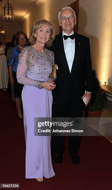 Former Bavarian State governor Edmund Stoiber and his wife Karin arrive for the Hubert Burda Birthday Reception at Munich royal palace on February...