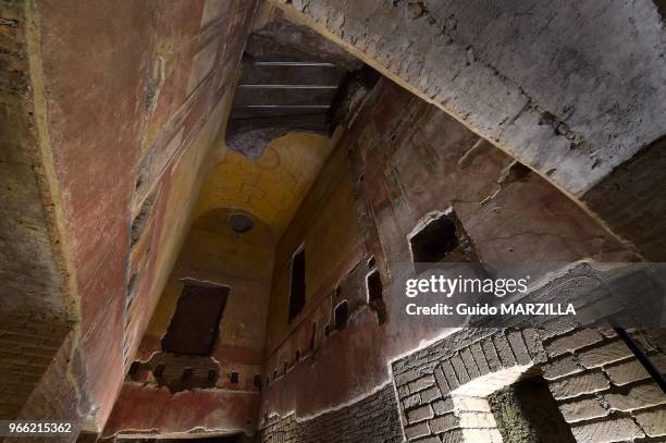 La Domus Aurea, la 'Maison Dorée' le le 23 octobre 2014, aujourd'hui souterraine, de l'empereur Néron à Rome, Italie. Fermée depuis 2005, la Domus...