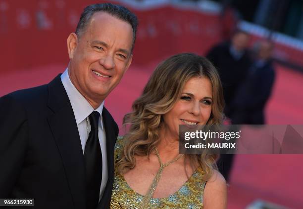 Tom Hanks et sa femme Rita Wilson arrivent au 11ème Festival du Cinéma de Rome où l'acteur américain va recevoir un prix à la carrière le 13 Octobre...