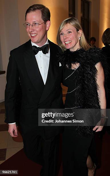 Bernhard von Baden and his wife Stephanie arrives for the Hubert Burda Birthday Reception at Munich royal palace on February 12, 2010 in Munich,...