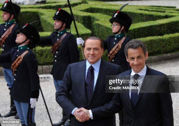 Italy's prime minister Silvio Berlusconi and France's president Nicolas Sarkozy attend a French-Italian summit in Rome, Italy on April 26, 2011....