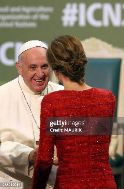 Le reine Letizia d'Espagne a rencontré le pape François François à l?occasion de la seconde conférence internationale sur l?alimentation le 20...