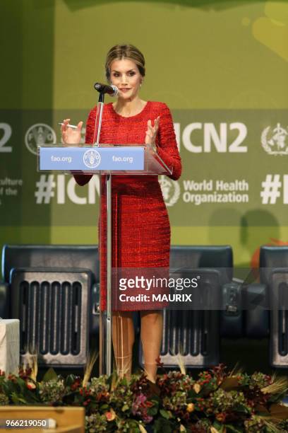 L?occasion de la seconde conférence internationale sur l?alimentation, la reine Letizia d'Espagne s?est rendue le 20 novembre 2014 au siège de la...