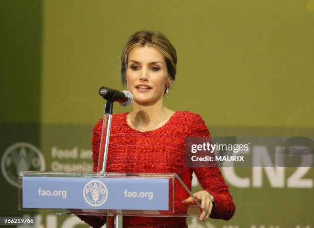 L?occasion de la seconde conférence internationale sur l?alimentation, la reine Letizia d'Espagne s?est rendue le 20 novembre 2014 au siège de la...