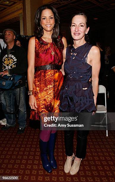 Model Veronica Webb and designer Cynthia Rowley backstage at the Cynthia Rowley Fall 2010 Fashion Show during Mercedes-Benz Fashion Week at Gotham...