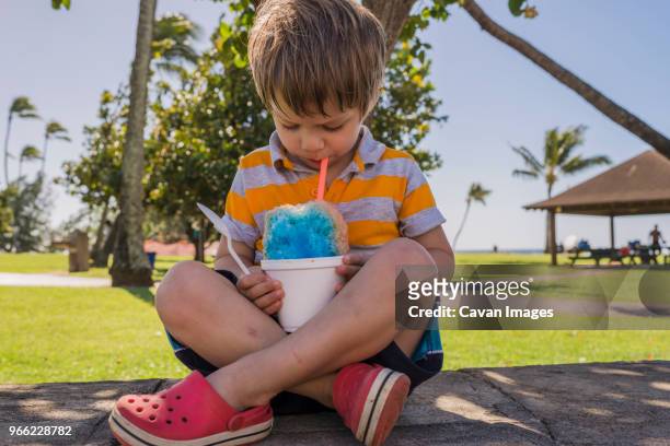 boy eating slush while sitting on footpath at park - slush stock pictures, royalty-free photos & images